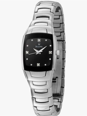 Bulova Silver Bracelet Watch with Black Dial and Diamond Accents